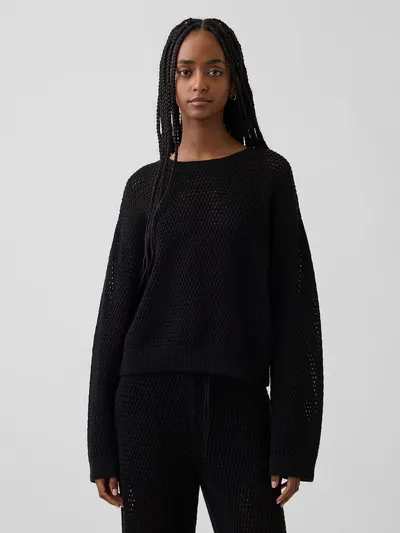 100% Cotton Crochet Relaxed Sweater - Basic black