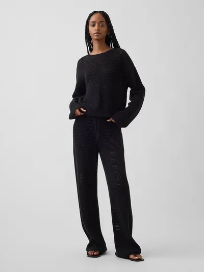 100% Cotton Crochet Sweater Pants - Basic black