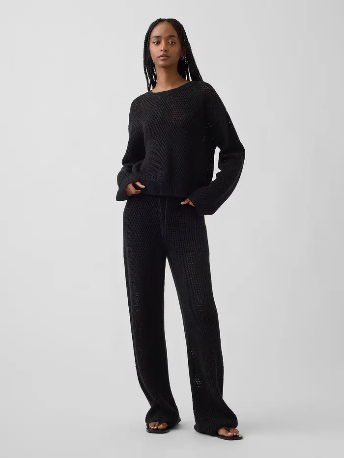 100% Cotton Crochet Sweater Pants - Basic black
