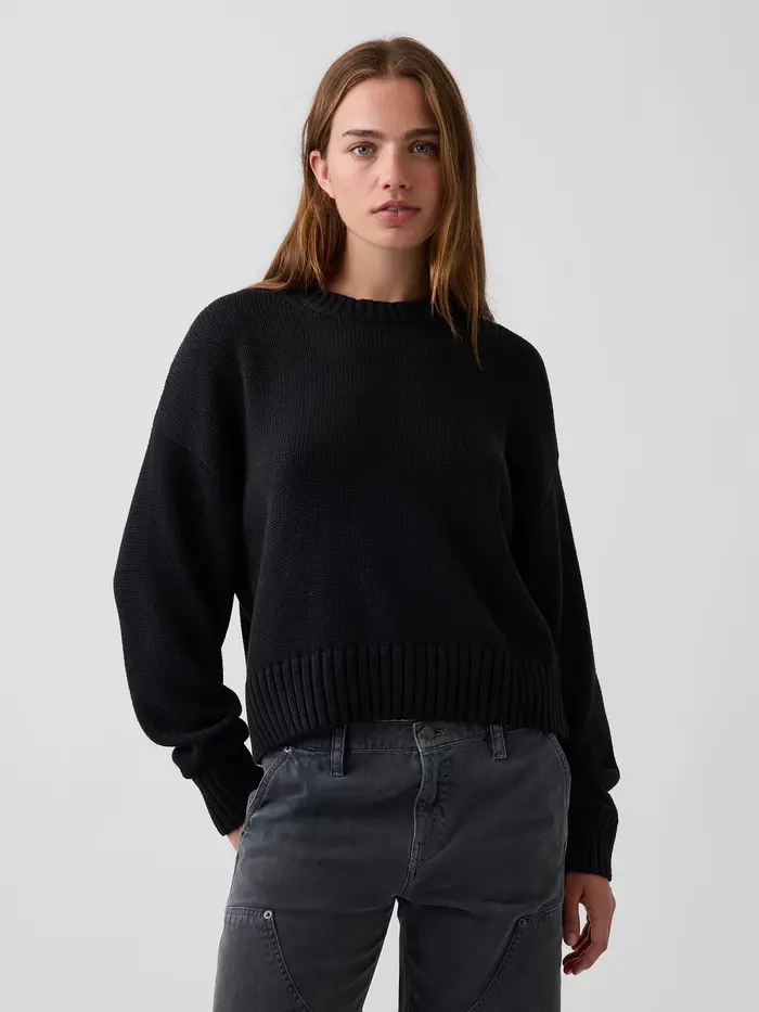 100% Cotton Oversized Crop Sweater - Basic black