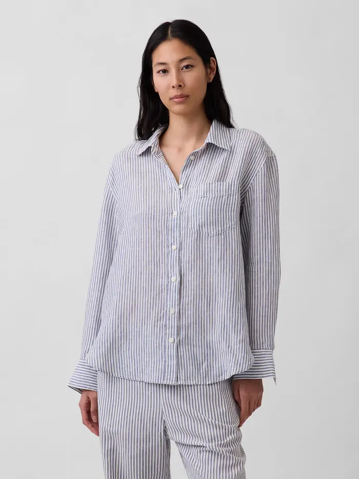 100% Linen Oversized Shirt - Blue & white stripe