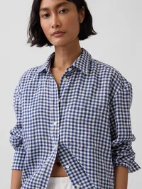 100% Linen Oversized Shirt - Navy blue gingham — view 4