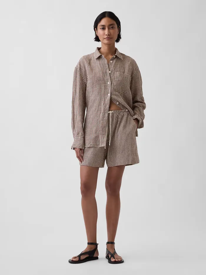 6" Linen-Blend Easy Shorts - Brown gingham
