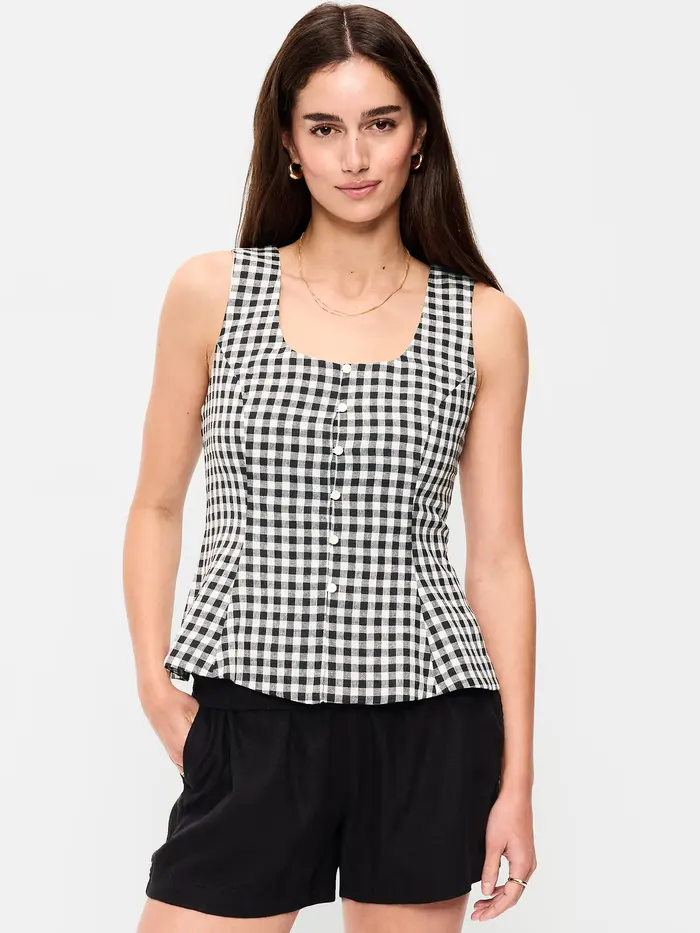 Button-Down Linen Blend Top - Navy Gingham