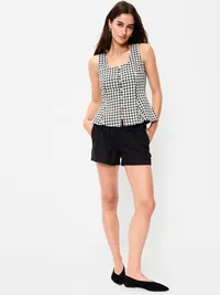 Button-Down Linen Blend Top - Navy Gingham — view 3