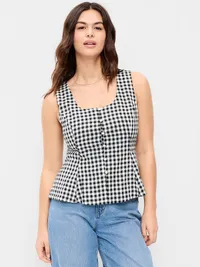 Button-Down Linen Blend Top - Navy Gingham — view 5