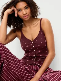 Button-Front Cami Tank Top - Red Floral — view 3