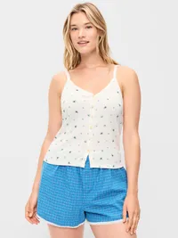Button-Front Cami Tank Top - White Floral — view 5
