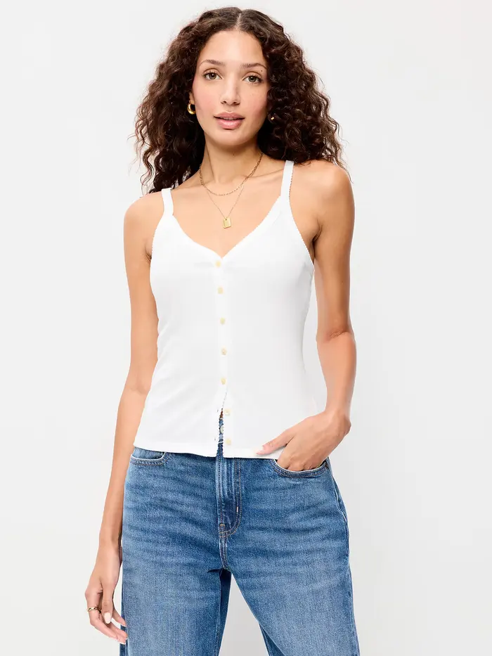 Button-Front Cami Tank Top - White Lilies