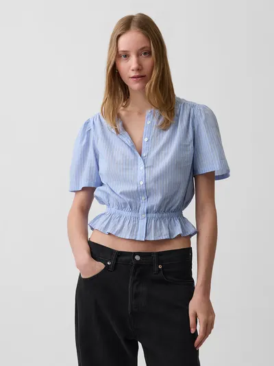 Button-Front Crop Peplum Top - Blue & white stripe