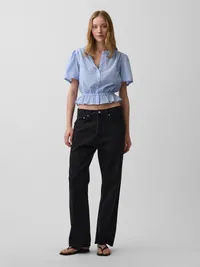 Button-Front Crop Peplum Top - Blue & white stripe — view 2