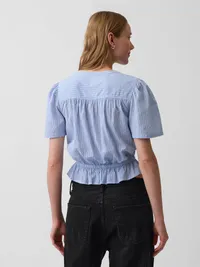 Button-Front Crop Peplum Top - Blue & white stripe — view 3
