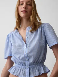 Button-Front Crop Peplum Top - Blue & white stripe — view 4