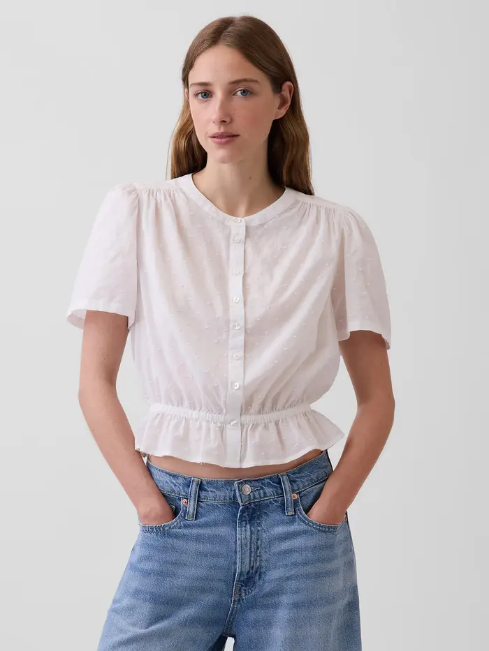 Button-Front Crop Peplum Top - Fresh white