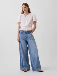 Button-Front Crop Peplum Top - Fresh white — view 2
