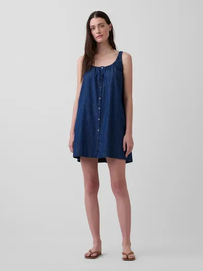 Button-Front Mini Dress - Medium indigo