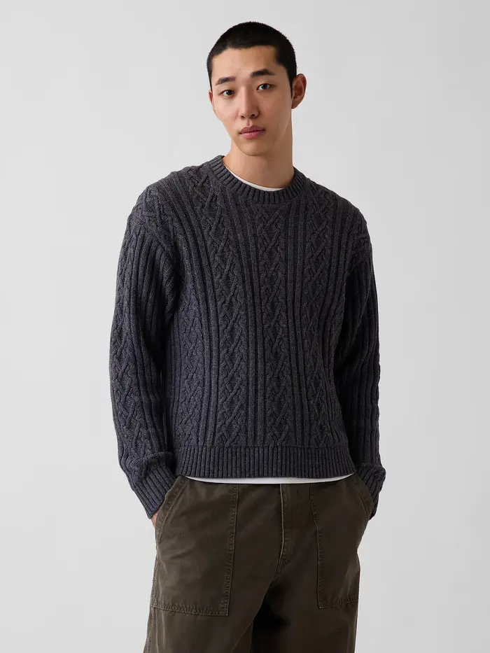 Cable-Knit Relaxed Crew Sweater - Grey