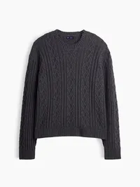 Cable-Knit Relaxed Crew Sweater - Grey — view 5