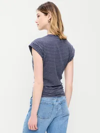 Cap-Sleeve Cinch-Waist Top - Navy Stripe — view 2