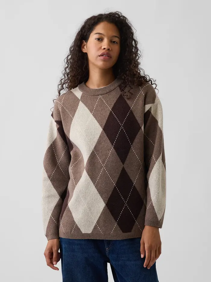 CashSoft Oversized Argyle Sweater - Brown argyle