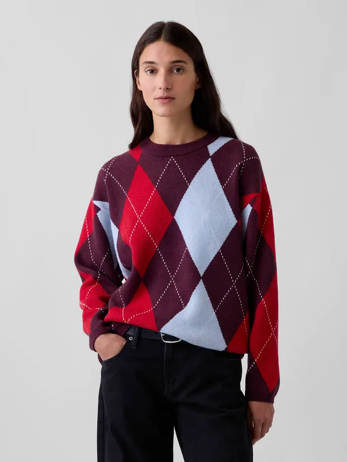 CashSoft Oversized Argyle Sweater - Red argyle