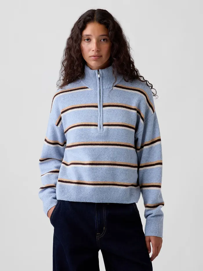 CashSoft Oversized Half-Zip Sweater - Blue & brown stripe
