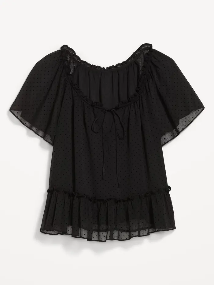 Chiffon Flutter-Sleeve Top - Black Dots