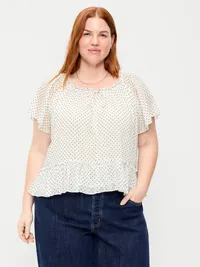 Chiffon Flutter-Sleeve Top - Black & White Dots — view 2