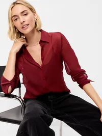 Chiffon Sheer Button-Down Shirt - Emberglow — view 3