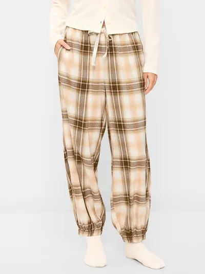 Cinched Flannel Balloon Pants - Neutral Plaid