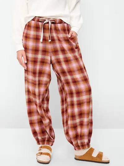 Cinched Flannel Balloon Pants - Orange Red Plaid