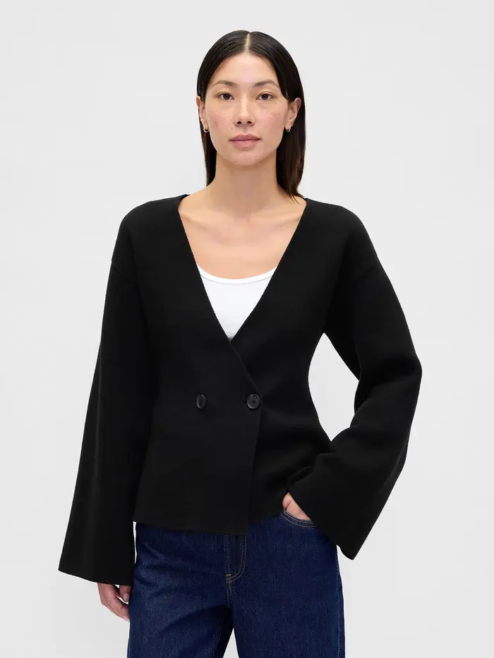 Collarless V-Neck Sweater Blazer - Black