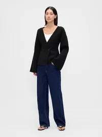 Collarless V-Neck Sweater Blazer - Black — view 2