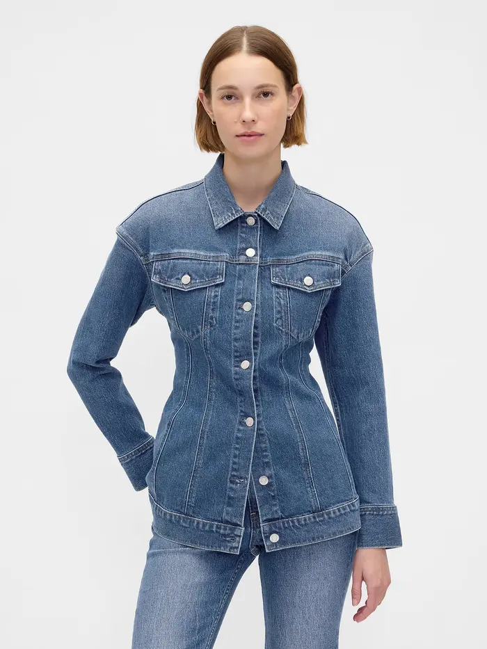 Contoured Longline Denim Jacket - Medium wash