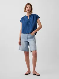 Cotton Gauze Denim Oversized Split-Neck Top - Medium blue wash — view 2