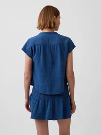 Cotton Gauze Denim Oversized Split-Neck Top - Medium blue wash — view 3