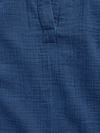 Cotton Gauze Denim Oversized Split-Neck Top - Medium blue wash — view 4
