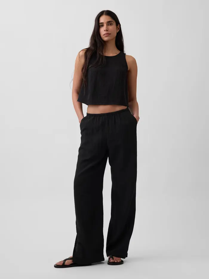 Cotton Gauze Easy Split-Hem Pants - Black