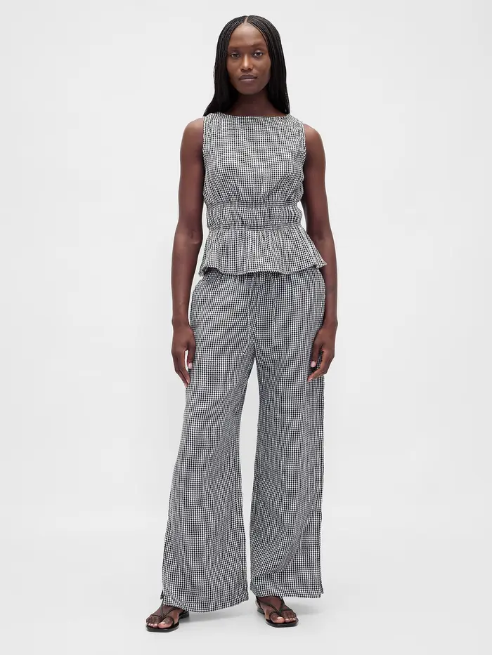 Cotton Gauze Easy Split-Hem Pants - Black gingham