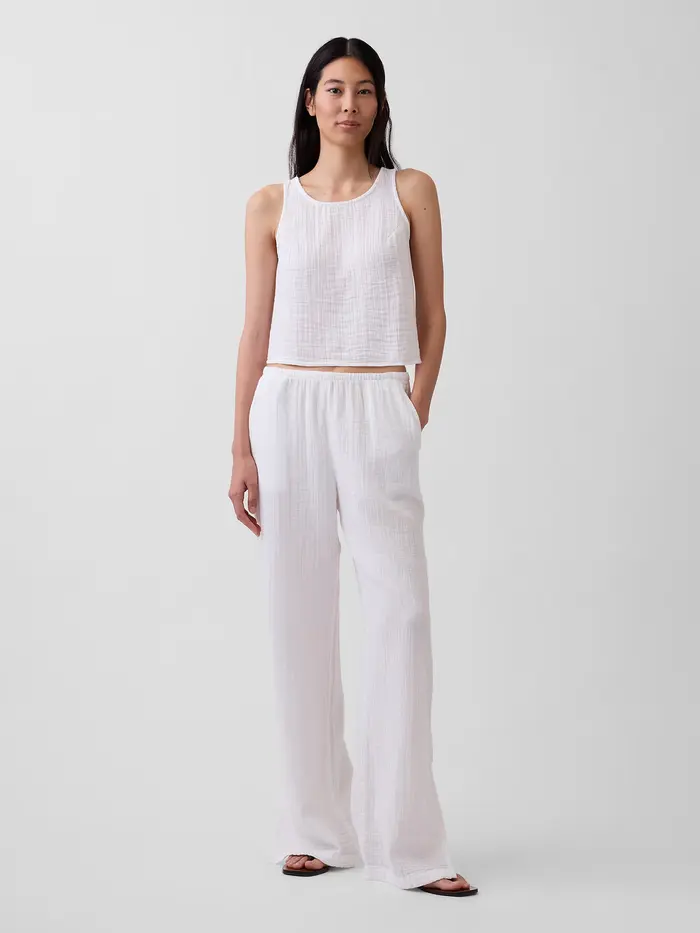 Cotton Gauze Easy Split-Hem Pants - Fresh white