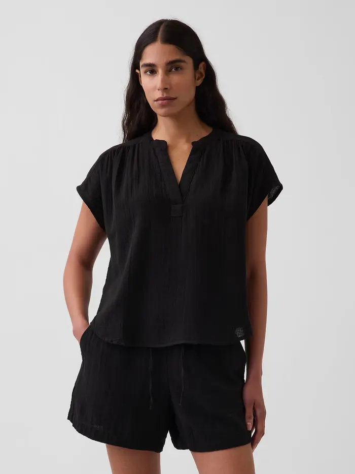 Cotton Gauze Oversized Split-Neck Top - Black