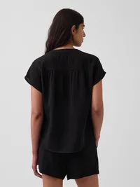 Cotton Gauze Oversized Split-Neck Top - Black — view 3