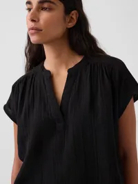 Cotton Gauze Oversized Split-Neck Top - Black — view 4