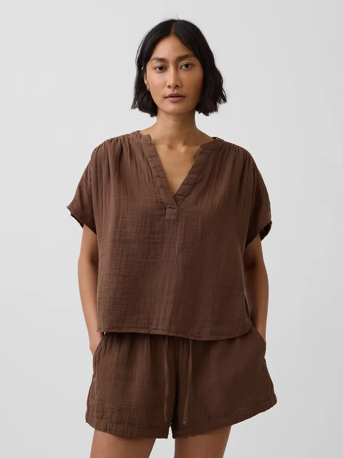 Cotton Gauze Oversized Split-Neck Top - Cool brown