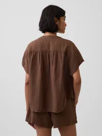 Cotton Gauze Oversized Split-Neck Top - Cool brown — view 3