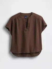 Cotton Gauze Oversized Split-Neck Top - Cool brown — view 5