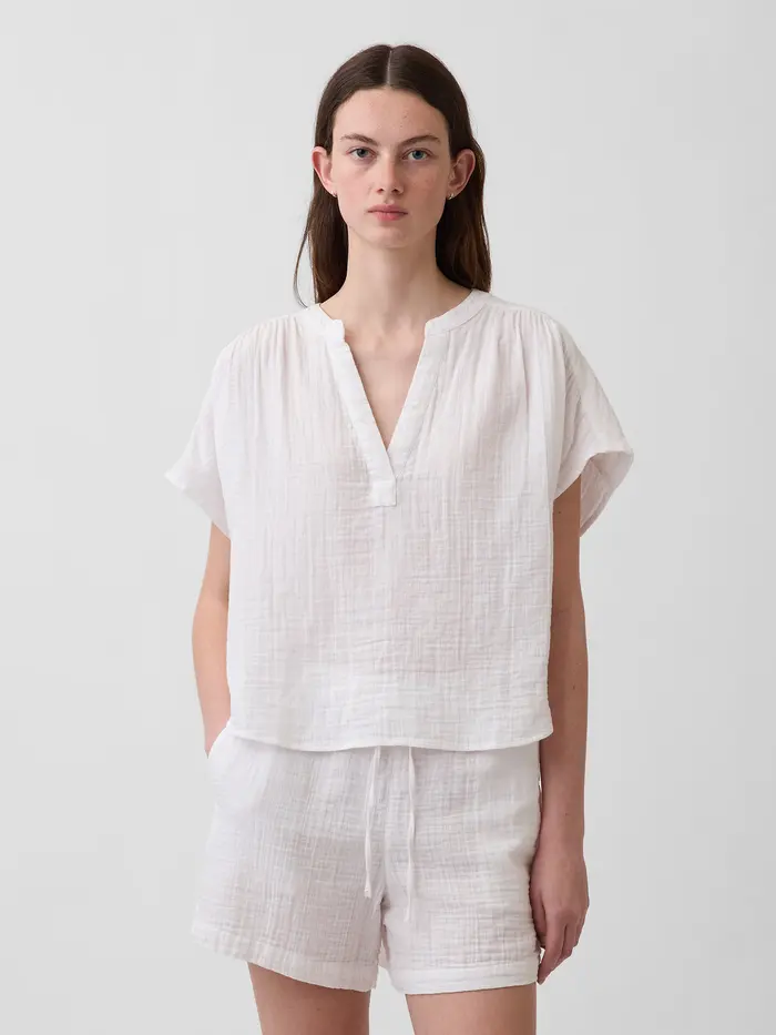 Cotton Gauze Oversized Split-Neck Top - Fresh white
