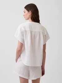Cotton Gauze Oversized Split-Neck Top - Fresh white — view 3