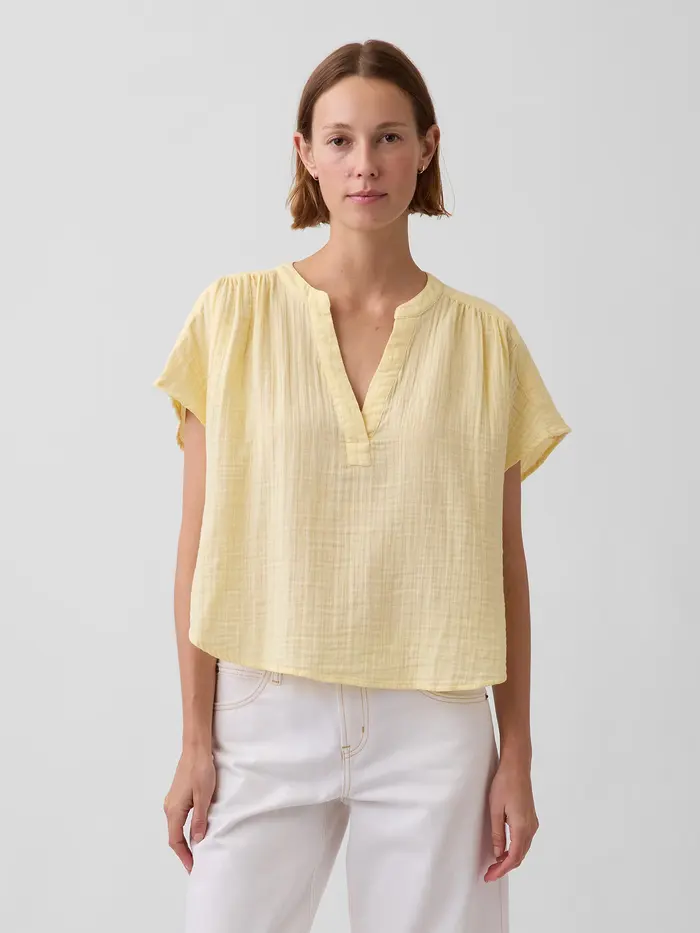 Cotton Gauze Oversized Split-Neck Top - Maize yellow