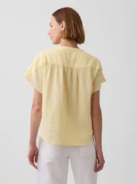 Cotton Gauze Oversized Split-Neck Top - Maize yellow — view 3